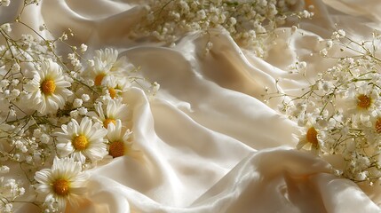 Delicate background with white silk fabric, daisy flowers and gypsophila creates a soft, romantic and luxurious atmosphere for special events