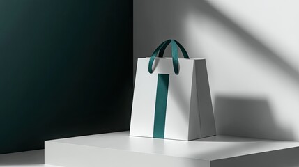 A white gift bag with teal ribbon accents sits on a simple white display.