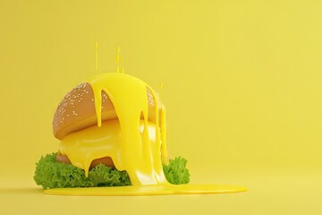 A vibrant, bold depiction of a dripping, yellow cheese burger on a bright yellow background.