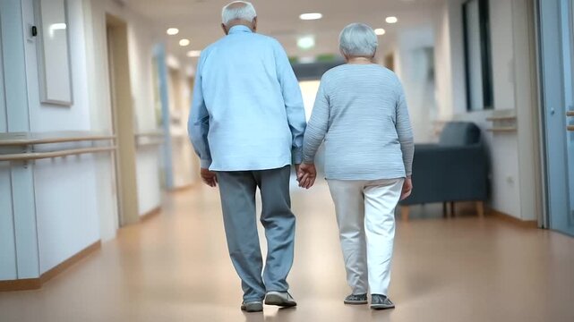 elderly patients slowly walking in rehabilitation corridor featuring floor contrast zones for safety intentional detail three quarter wide angle cinematic color correction gentle