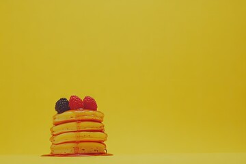 A stack of golden pancakes topped with fresh berries and drizzled with syrup, presented against a vibrant yellow backdrop.