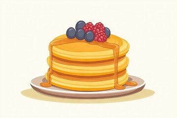 A stack of golden pancakes drizzled with syrup, topped with fresh raspberries and blueberries, sits on a plate against a light background.