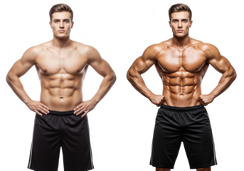 Men's fitness transformation before and after abs workout routine results transparent background