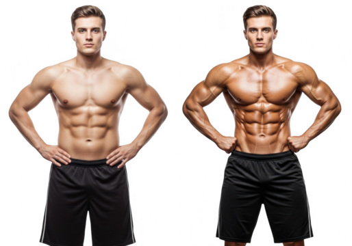 Men's fitness transformation before and after abs workout routine results transparent background