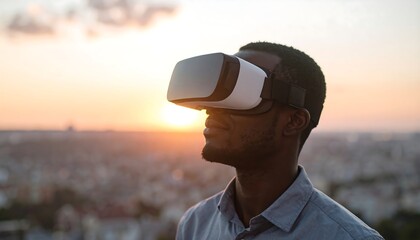 Man wearing VR headset at sunset