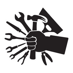 Worker Fist with Tools Silhouette, Hand Holding Tools, Labor, Trades & Solidarity Icon