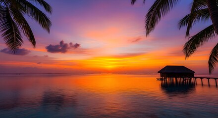 Scenic tropical sunset over calm ocean waters with palm fronds and an overwater bungalow