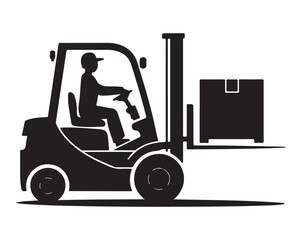 Forklift Worker Silhouette Illustration, Operator Driving Forklift with Load, Warehouse Scene