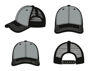 Baseball Cap Silhouette Set, Hat Views, Front & Back, Different Cap Styles Vector