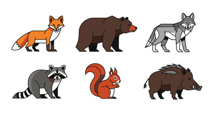 Naklejka premium Collection of six forest animals, including a fox, bear, wolf, raccoon, squirrel, and wild boar, isolated on white background