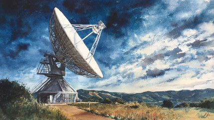 Vast radio telescope under a dramatic sky overlooking rolling hills a watercolor painting