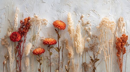 Dried flower arrangement on a textured white background featuring orange chrysanthemums and pampas grass for a rustic autumn aesthetic