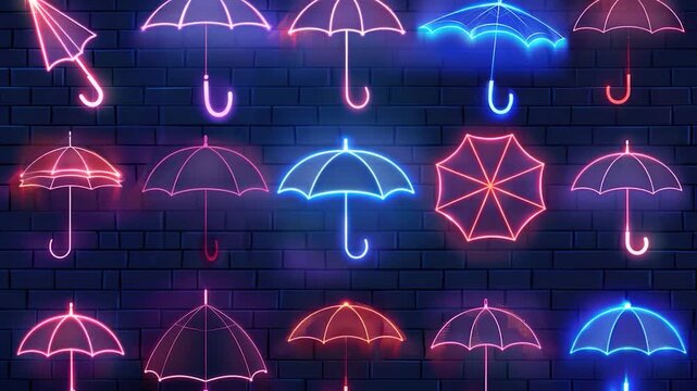 A collection of colorful neon umbrellas hung on a brick wall, providing a vibrant and eye-catching display