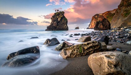 A tranquil coastal scene at sunrise, featuring a dramatic rock formation and gently lapping waves, displaying soft pastel colors and a serene atmosphere.