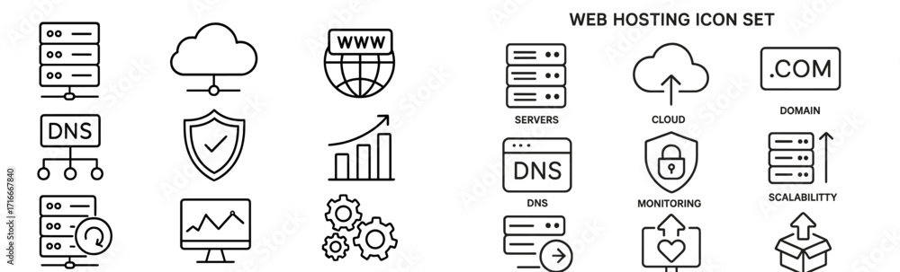 Poster collection of web hosting icons showcasing technology and internet elements for digital services