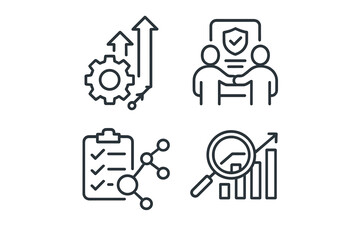Business growth strategies illustrated through icons of teamwork, planning, and analysis