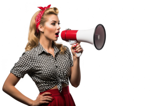 Retro pinup woman with megaphone announcing news loudly in vintage style transparent background