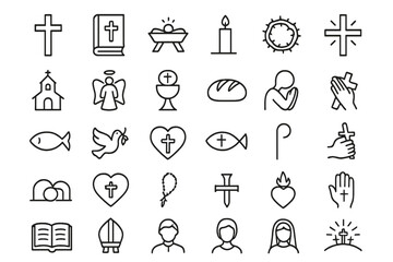 Symbolic icons representing the Christian faith including crosses, angels, and religious elements in a simple line art style