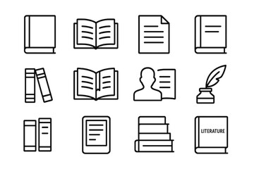 Collection of various book and writing icons representing education and literature in a simple and clear design