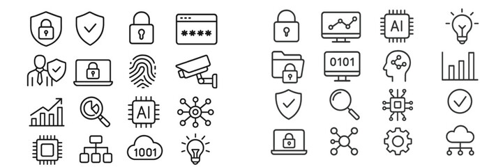 Collection of cybersecurity and technology icons representing data protection and digital innovation