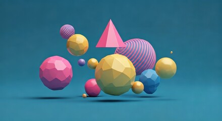 Multicolored geometric shapes float in a teal background, showcasing vibrant hues and playful forms.