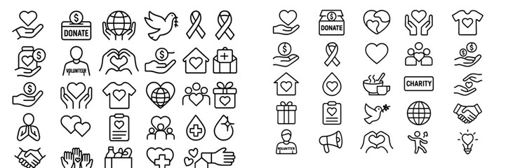 Icon collection showcasing various symbols related to charity, donation, and volunteerism in a simple black-and-white design