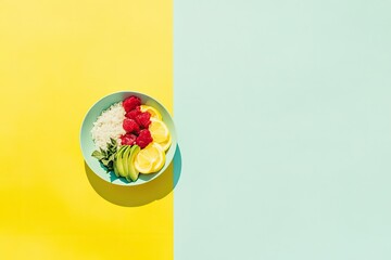 A vibrant bowl of poke bowl, featuring white rice, juicy diced raspberries, slices of avocado, and lemon, is artfully arranged on a teal plate against a vibrant backdrop of yellow and mint green.