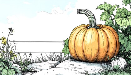 Hand-drawn illustration of a pumpkin on rocks