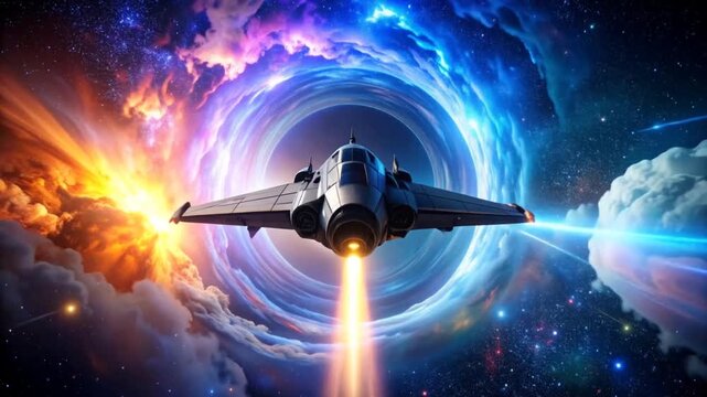 Futuristic Spaceship Navigating a Wormhole Through Space