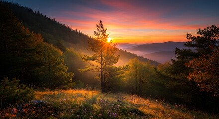 Sunlit pine tree on a misty mountain slope at sunrise with vibrant orange and purple sky