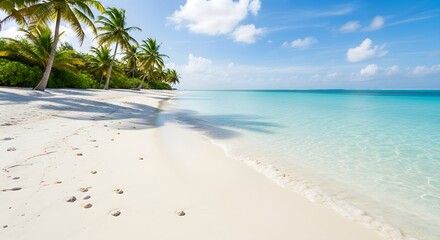 White sand beach with palm trees clear turquoise ocean and blue sky with clouds