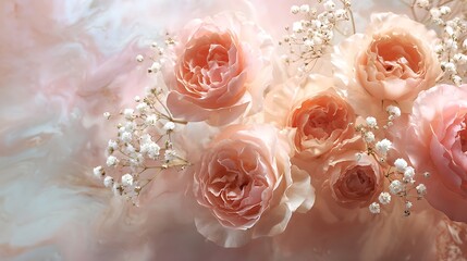 Fototapeta premium A beautiful floral arrangement featuring peach roses and babys breath, with a swirling, ethereal background of soft pastel colors
