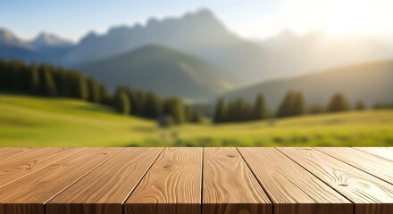 Wooden table surface in foreground with blurred green landscape and hazy mountain backdrop