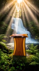 A wooden table stands in a lush forest setting with a cascading waterfall and sunbeams