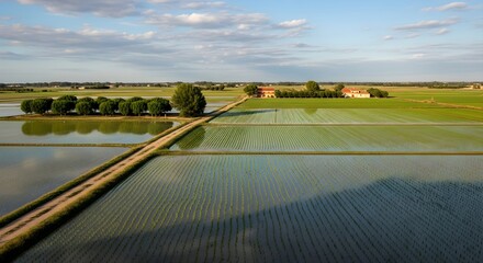 Flooded rice paddies with a dirt path and trees reflecting the blue sky and clouds