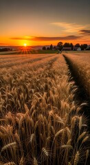 Golden wheat field at sunset with farm buildings in the distance warm light