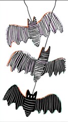 Colorful hand-drawn bats with striped patterns on white background