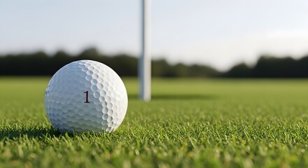 White golf ball with number one on manicured green grass near a flagstick