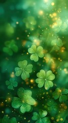 Luminous clover leaves on blurred green background with sparkling light effects