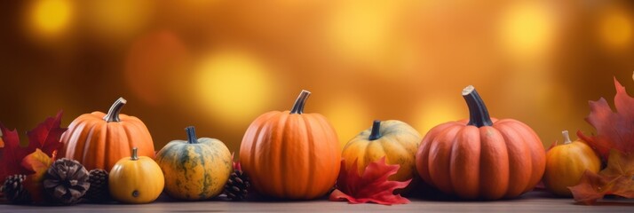 Autumn harvest display with vibrant pumpkins and leaves in warm lighting, festive Thanksgiving Day atmosphere