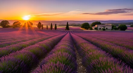 Vast lavender fields stretch towards a distant farmhouse under a golden sunset sky