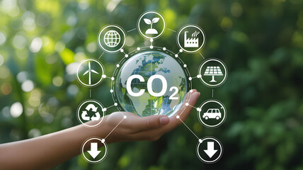 Hand holding globe with co emissions and renewable energy icons against a blurred green background