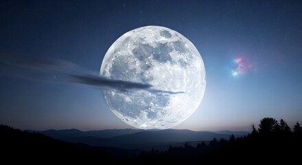 A large luminous full moon hangs in the starry night sky above silhouetted mountains and trees