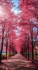 A picturesque tree lined path with vibrant pink foliage and a tranquil lake