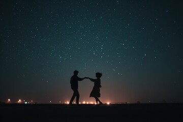 Fototapeta premium Silhouette of couple dancing under starry night sky Romantic night scene Dark background Night photography