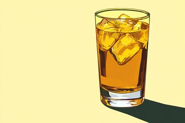 A glass tumbler filled with a golden liquid and ice cubes, set against a pale yellow background, features a simple, bold graphic style.