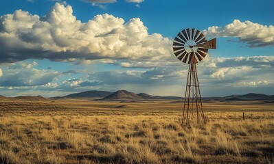Windmill Stands Tall in Open Fields Under a Vibrant Sky Filled With Clouds at Golden Hour.