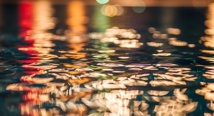 Colorful abstract reflections of city lights on rippling water surface at night
