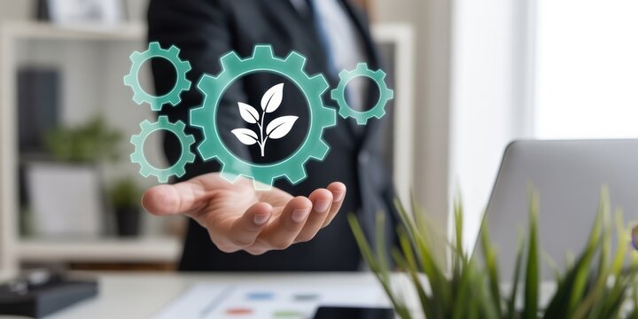 Sustainable Business Initiative: A sharp dressed person extends an open hand, gently presenting a digital graphic of gears and a growing plant, symbolizing eco-conscious business practices.