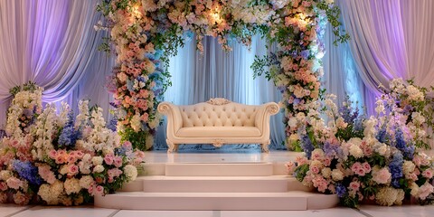 Beautiful wedding stage decorated with fresh flowers and elegant furniture for a memorable and romantic celebration isolated on white background
